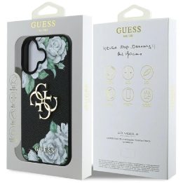 Juodas grublėtas iPhone 16 dėklas su 4G logotipu Guess