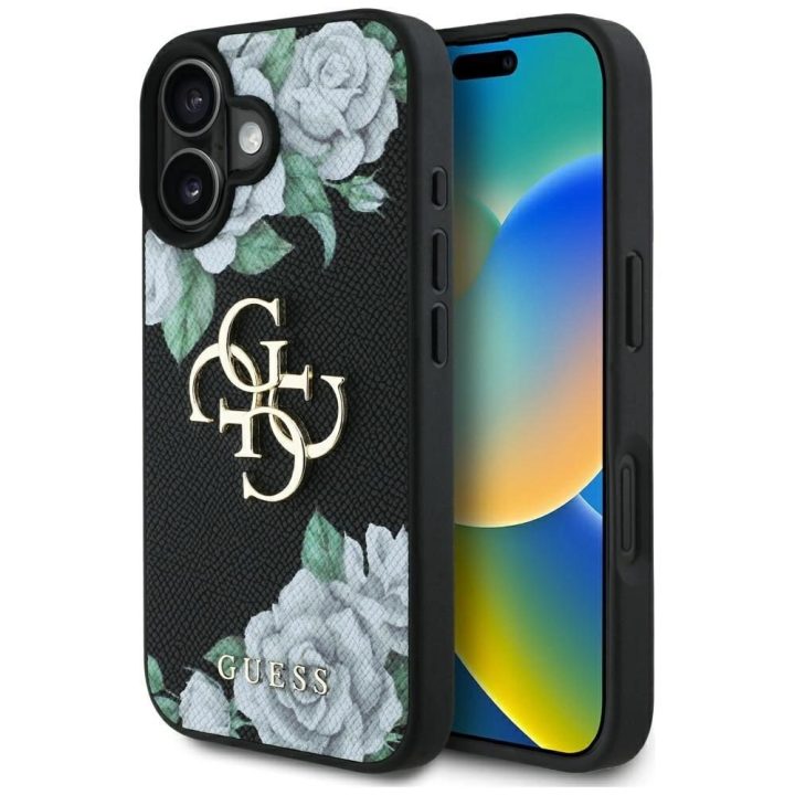 Juodas grublėtas iPhone 16 dėklas su 4G logotipu Guess