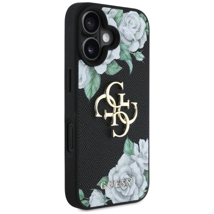 Juodas grublėtas iPhone 16 dėklas su 4G logotipu Guess