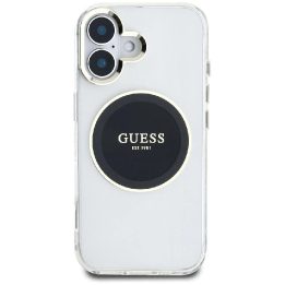 Skaidrus MagSafe dėklas iPhone 16 su juodu logotipu Guess