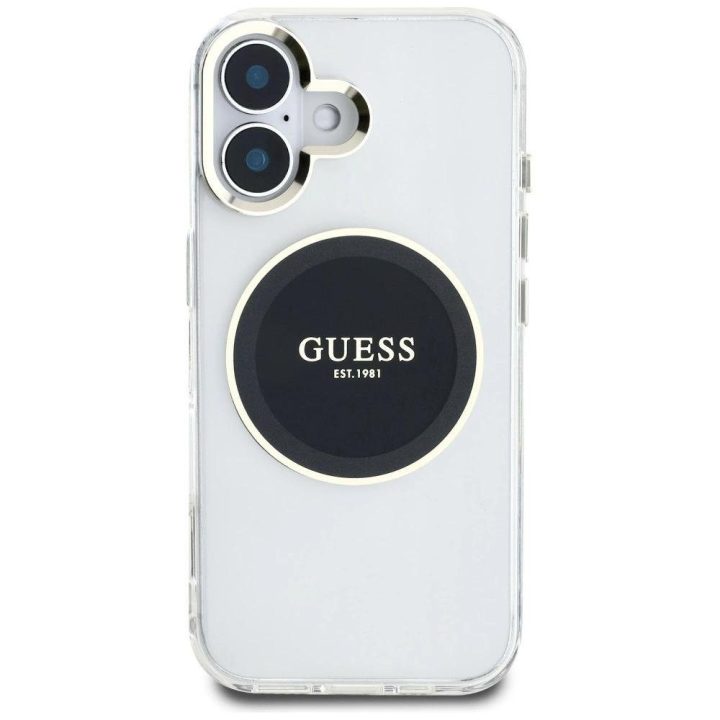 Skaidrus MagSafe dėklas iPhone 16 su juodu logotipu Guess