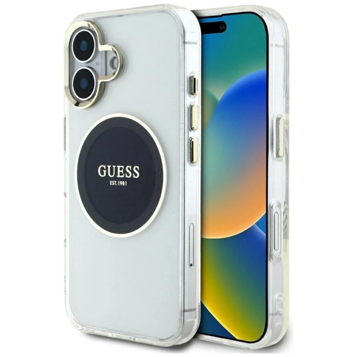 Skaidrus MagSafe dėklas iPhone 16 su juodu logotipu Guess