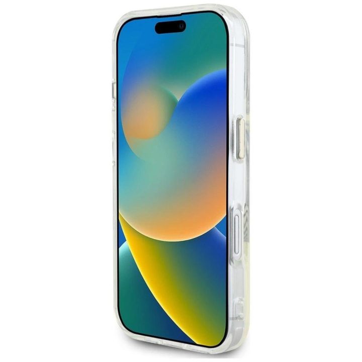 Skaidrus MagSafe dėklas iPhone 16 su juodu logotipu Guess