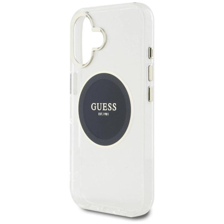 Skaidrus MagSafe dėklas iPhone 16 su juodu logotipu Guess