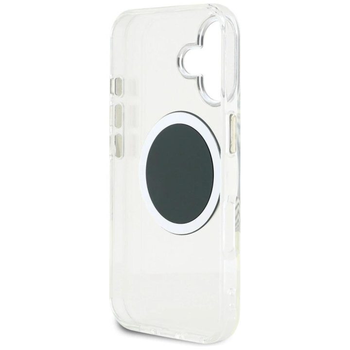 Skaidrus MagSafe dėklas iPhone 16 su juodu logotipu Guess