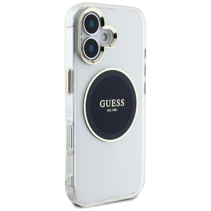 Skaidrus MagSafe dėklas iPhone 16 su juodu logotipu Guess