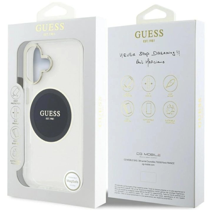 Skaidrus MagSafe dėklas iPhone 16 su juodu logotipu Guess