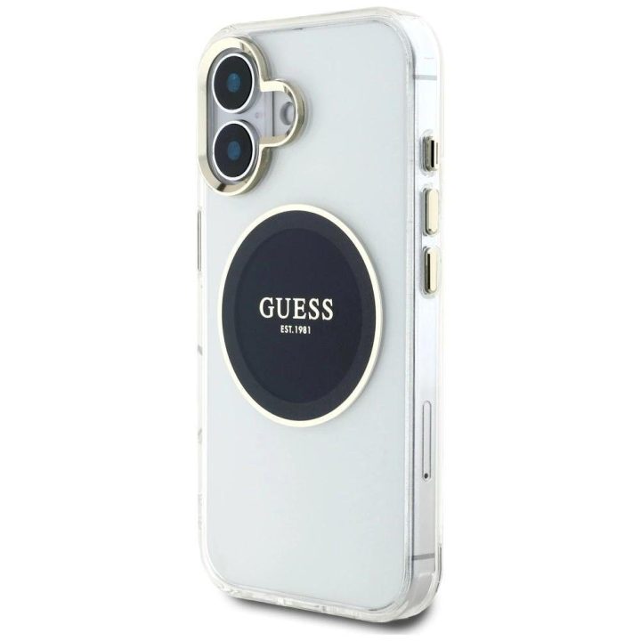 Skaidrus MagSafe dėklas iPhone 16 su juodu logotipu Guess