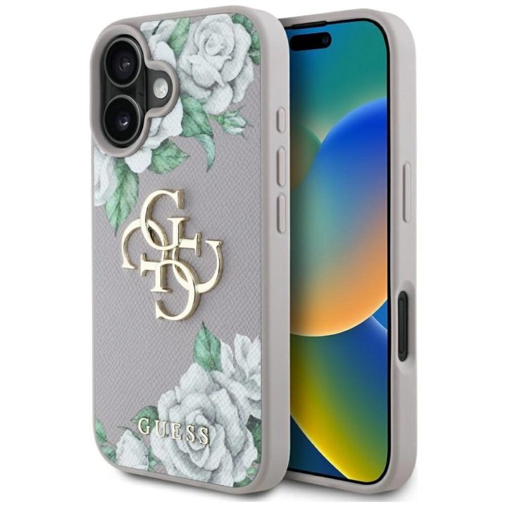 Violetinis iPhone 16 dėklas su 4G logotipu ir rožių raštu Guess