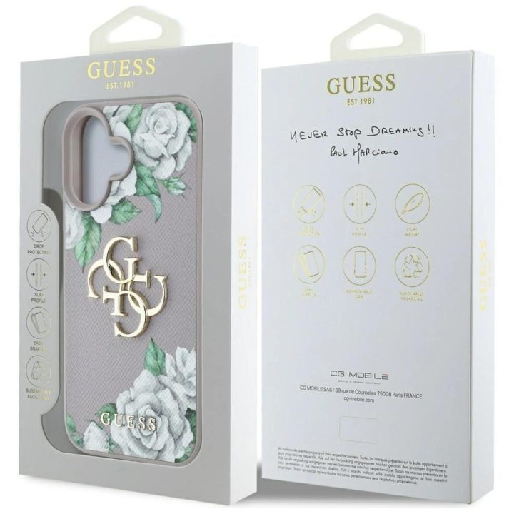 Violetinis iPhone 16 dėklas su 4G logotipu ir rožių raštu Guess