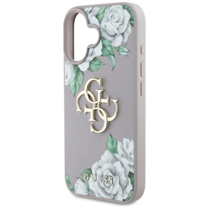 Violetinis iPhone 16 dėklas su 4G logotipu ir rožių raštu Guess