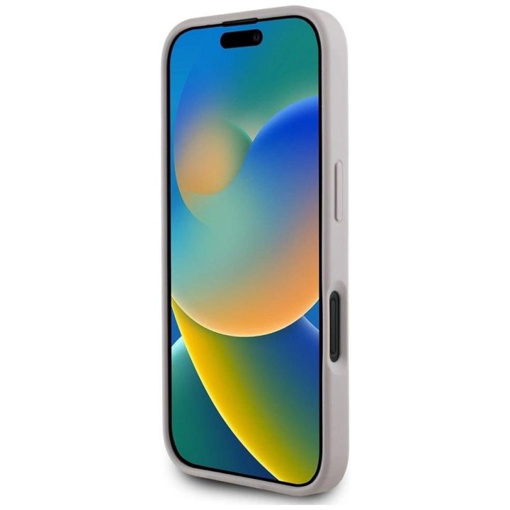 Violetinis iPhone 16 dėklas su 4G logotipu ir rožių raštu Guess