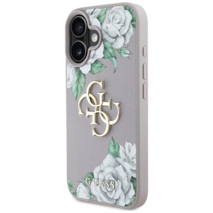 Violetinis iPhone 16 dėklas su 4G logotipu ir rožių raštu Guess