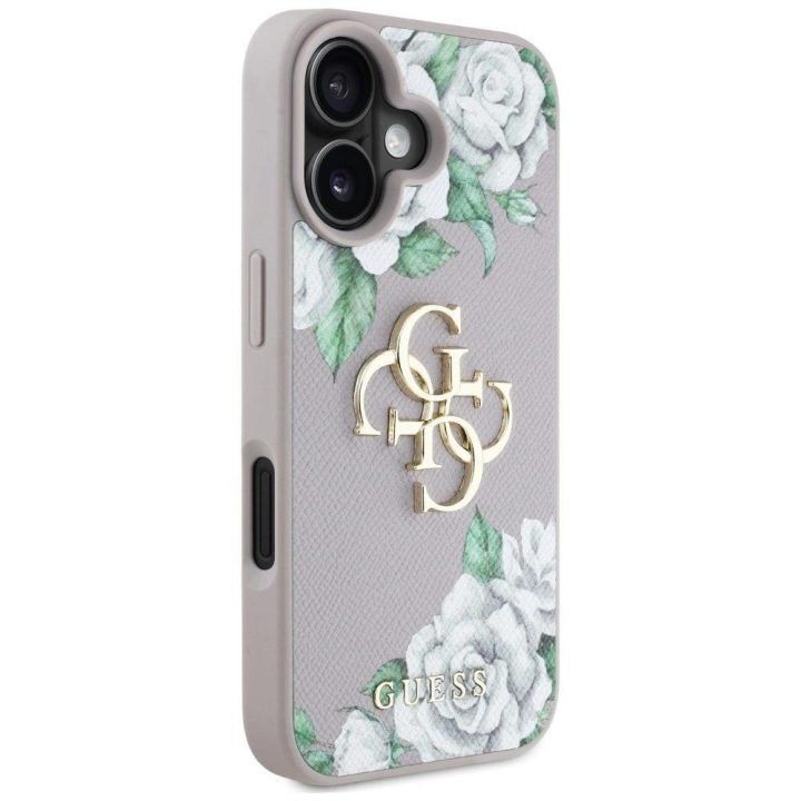 Violetinis iPhone 16 dėklas su 4G logotipu ir rožių raštu Guess