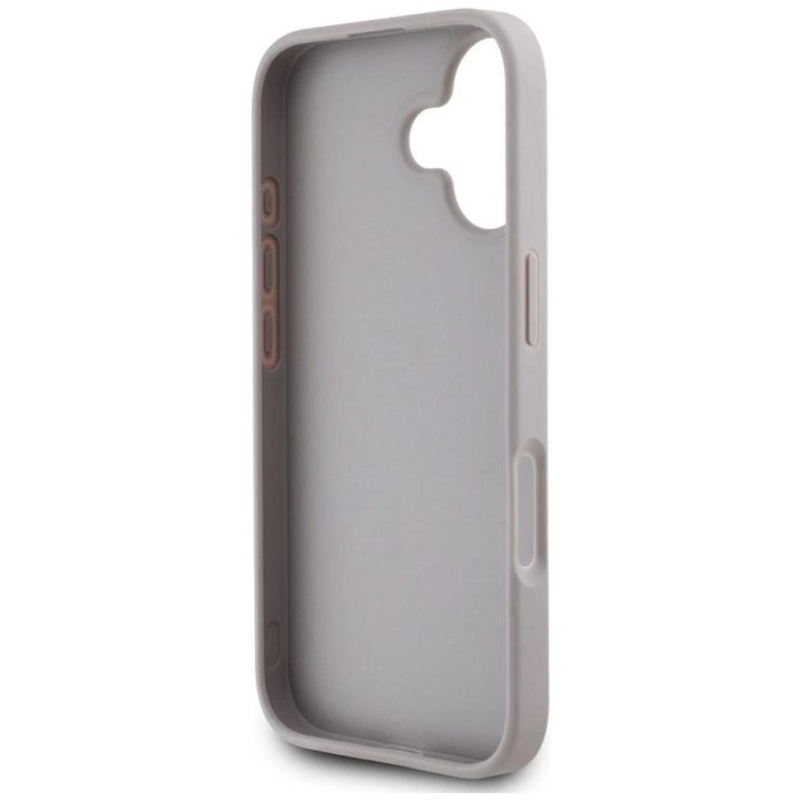 Violetinis iPhone 16 dėklas su 4G logotipu ir rožių raštu Guess