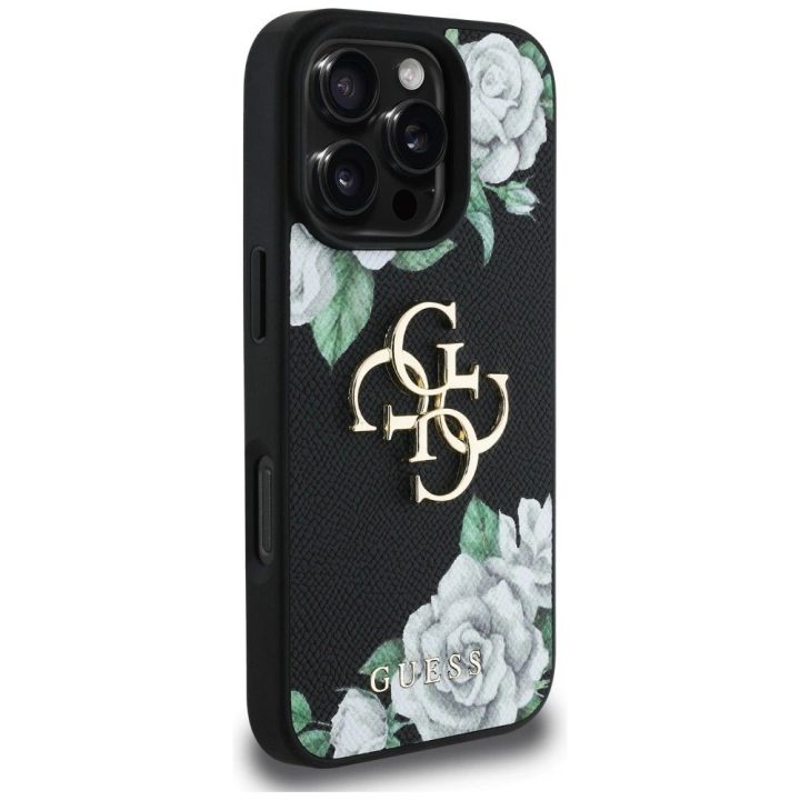 Juodas grublėtas iPhone 16 Pro dėklas su 4G logotipu Guess