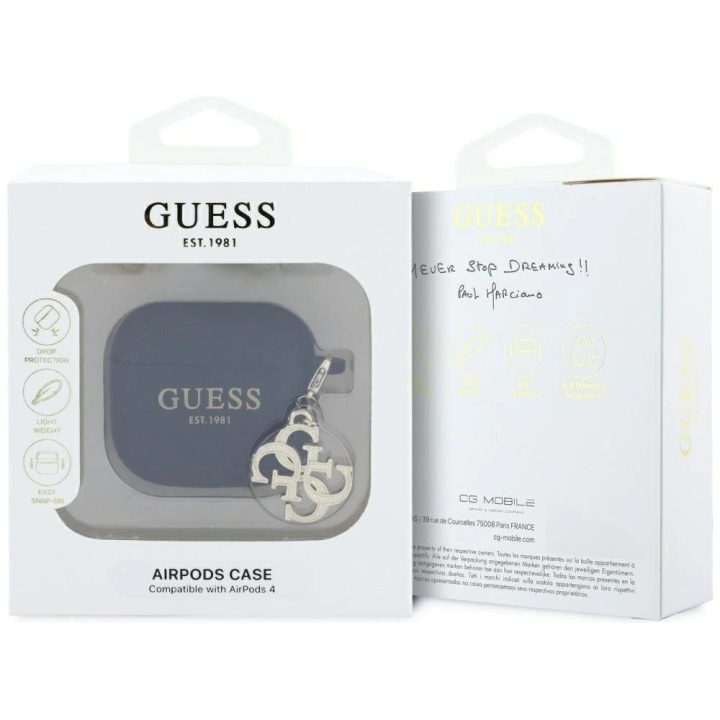 Juodas silikoninis AirPods 4 dėklas su pakabuku Guess