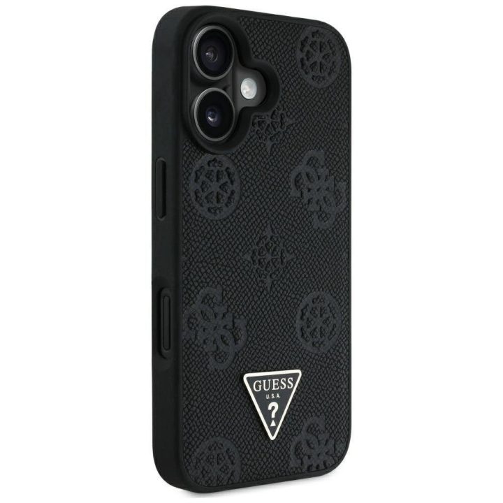 iPhone 16 juodas MagSafe dėklas su reljefiniu logotipu Guess