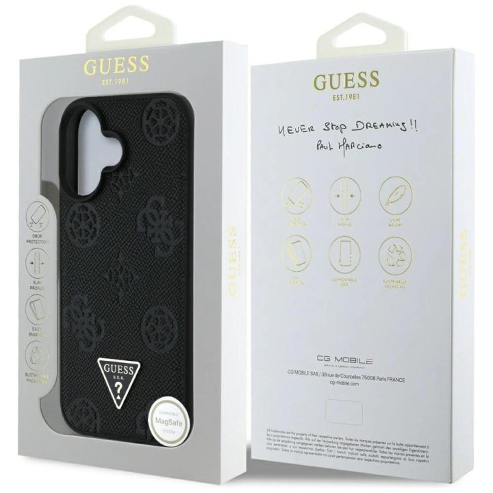 iPhone 16 juodas MagSafe dėklas su reljefiniu logotipu Guess