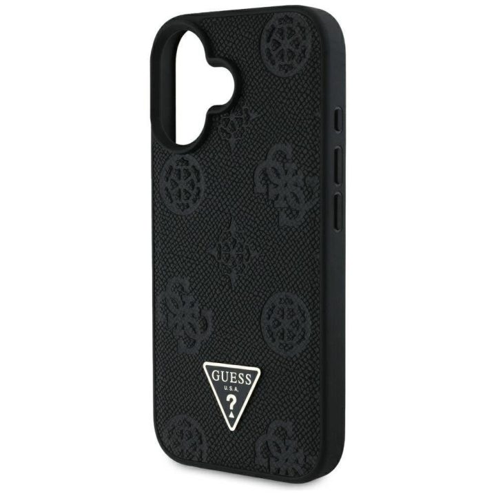 iPhone 16 juodas MagSafe dėklas su reljefiniu logotipu Guess