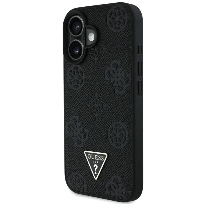 iPhone 16 juodas MagSafe dėklas su reljefiniu logotipu Guess