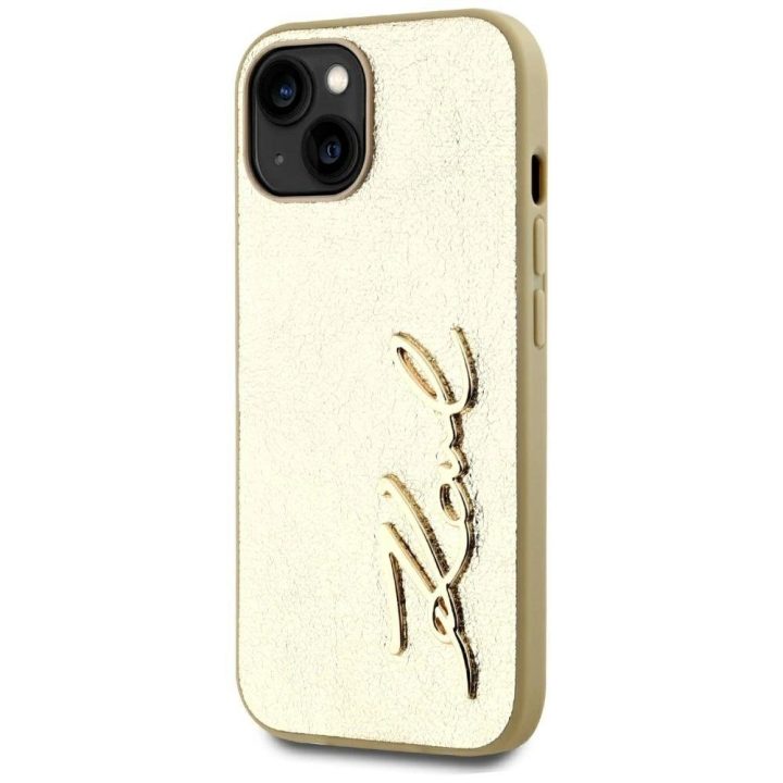 Auksinis iPhone 15 dėklas su metalo efektu Karl Lagerfeld