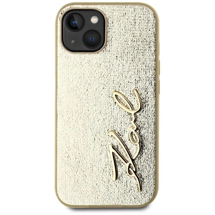Auksinis iPhone 15 dėklas su metalo efektu Karl Lagerfeld