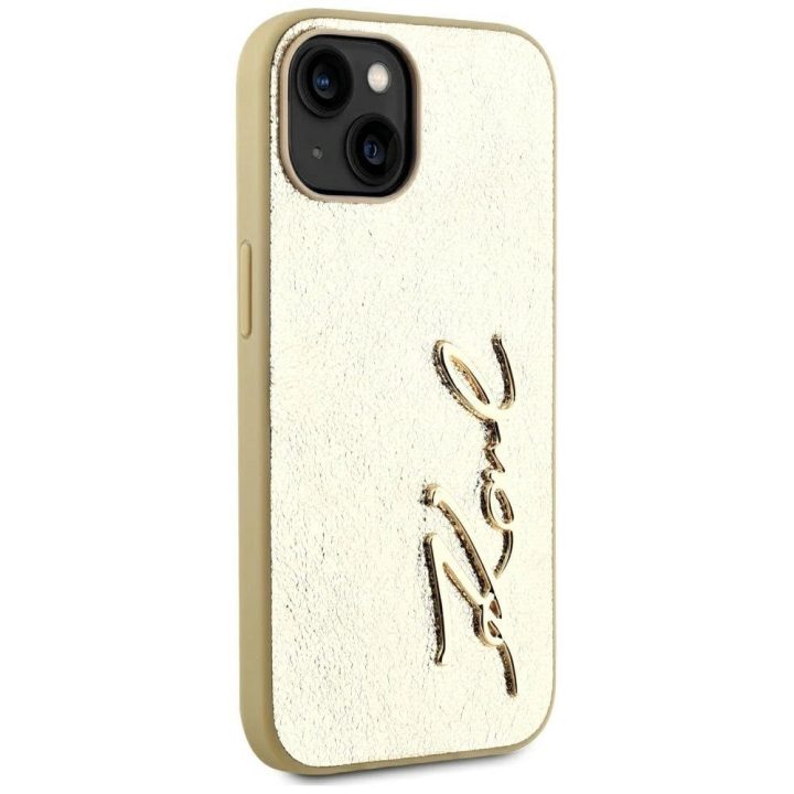 Auksinis iPhone 15 dėklas su metalo efektu Karl Lagerfeld