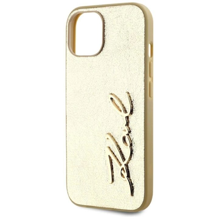 Auksinis iPhone 15 dėklas su metalo efektu Karl Lagerfeld
