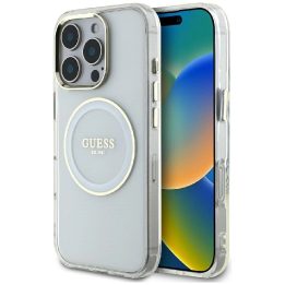 Permatomas baltas MagSafe dėklas iPhone 16 Pro su logotipu Guess
