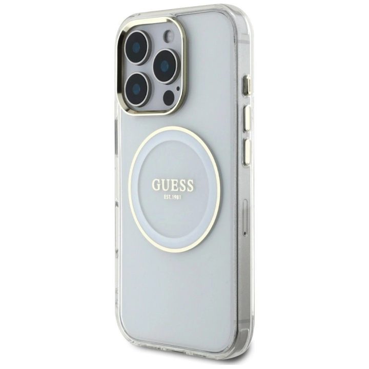 Permatomas baltas MagSafe dėklas iPhone 16 Pro su logotipu Guess