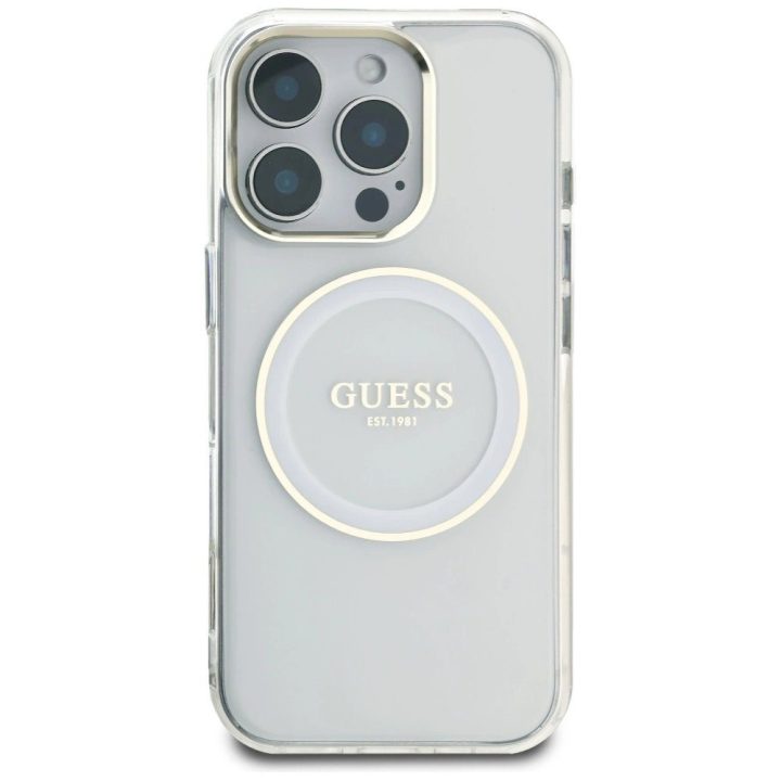 Permatomas baltas MagSafe dėklas iPhone 16 Pro su logotipu Guess