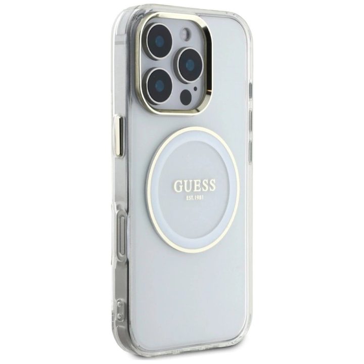Permatomas baltas MagSafe dėklas iPhone 16 Pro su logotipu Guess