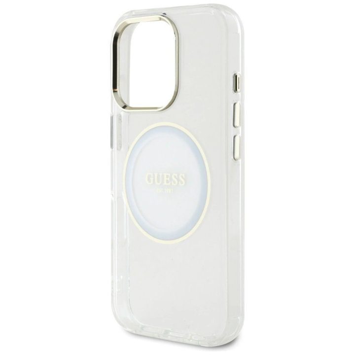 Permatomas baltas MagSafe dėklas iPhone 16 Pro su logotipu Guess