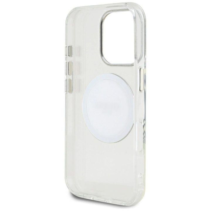 Permatomas baltas MagSafe dėklas iPhone 16 Pro su logotipu Guess