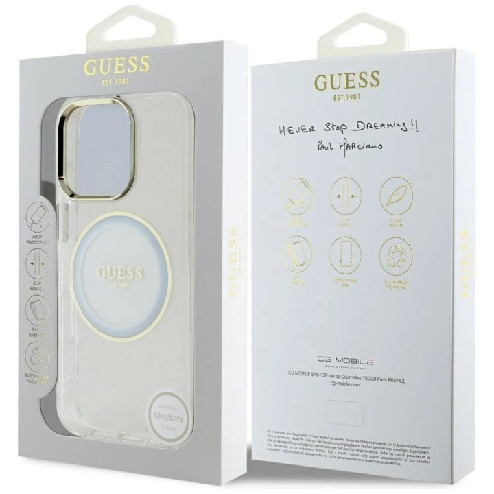 Permatomas baltas MagSafe dėklas iPhone 16 Pro su logotipu Guess