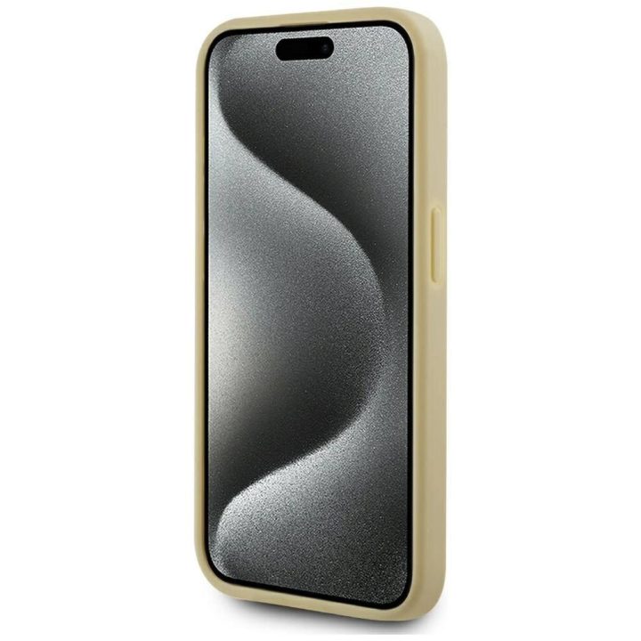 Auksinis silikoninis iPhone 15 Pro Max dėklas su parašu Karl Lagerfeld