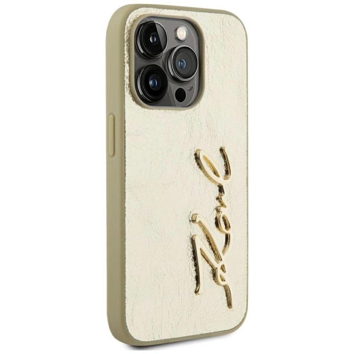 Auksinis silikoninis iPhone 15 Pro Max dėklas su parašu Karl Lagerfeld