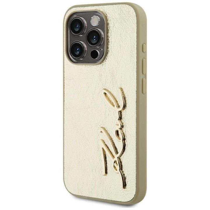 Auksinis silikoninis iPhone 15 Pro Max dėklas su parašu Karl Lagerfeld