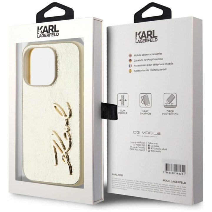 Auksinis silikoninis iPhone 15 Pro Max dėklas su parašu Karl Lagerfeld