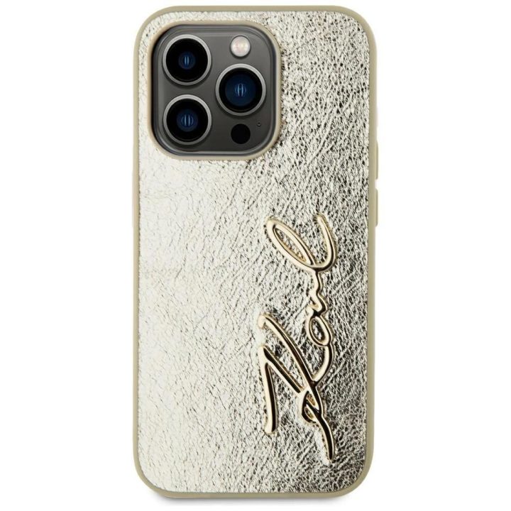 Auksinis silikoninis iPhone 15 Pro Max dėklas su parašu Karl Lagerfeld