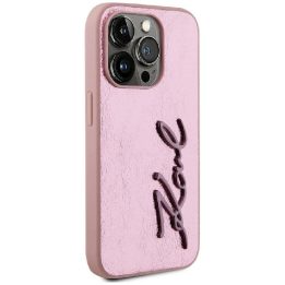 Rožinis silikoninis iPhone 15 Pro dėklas su metaliniu logotipu Karl Lagerfeld