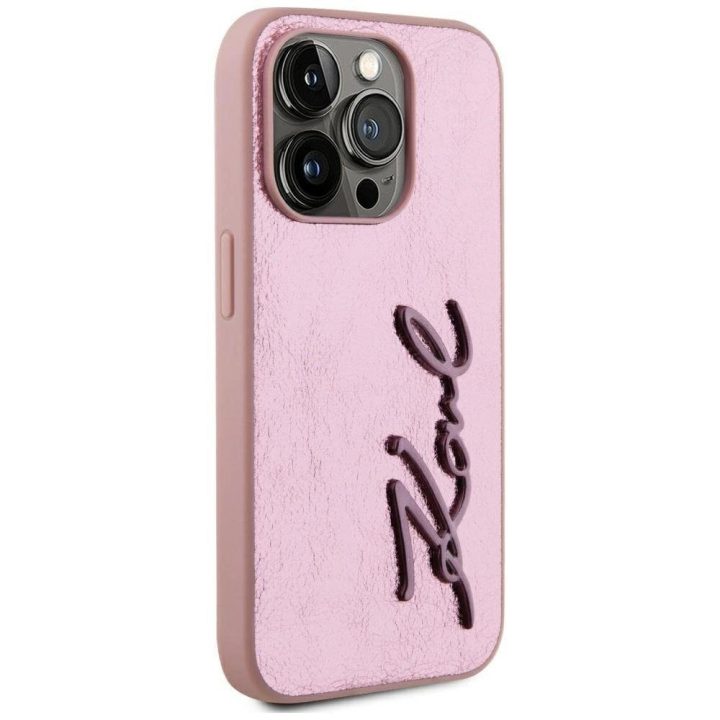 Rožinis silikoninis iPhone 15 Pro dėklas su metaliniu logotipu Karl Lagerfeld