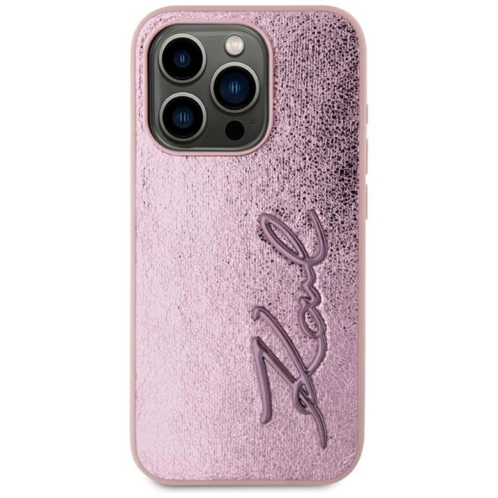 Rožinis silikoninis iPhone 15 Pro dėklas su metaliniu logotipu Karl Lagerfeld