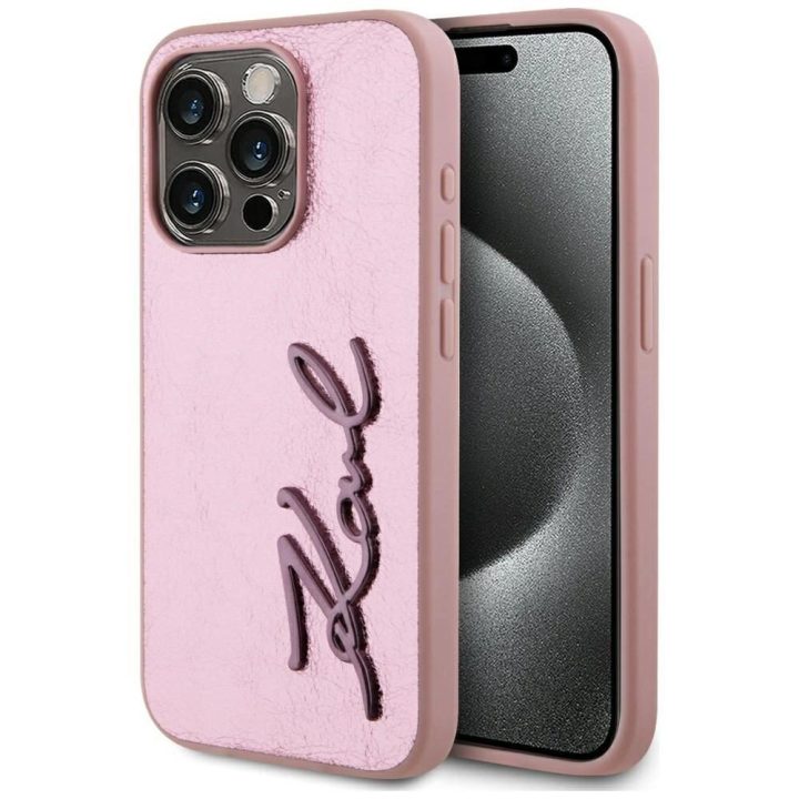 Rožinis silikoninis iPhone 15 Pro dėklas su metaliniu logotipu Karl Lagerfeld