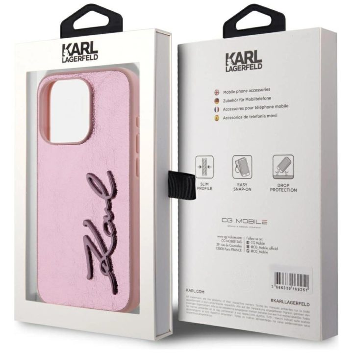 Rožinis silikoninis iPhone 15 Pro dėklas su metaliniu logotipu Karl Lagerfeld