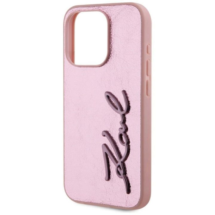 Rožinis silikoninis iPhone 15 Pro dėklas su metaliniu logotipu Karl Lagerfeld