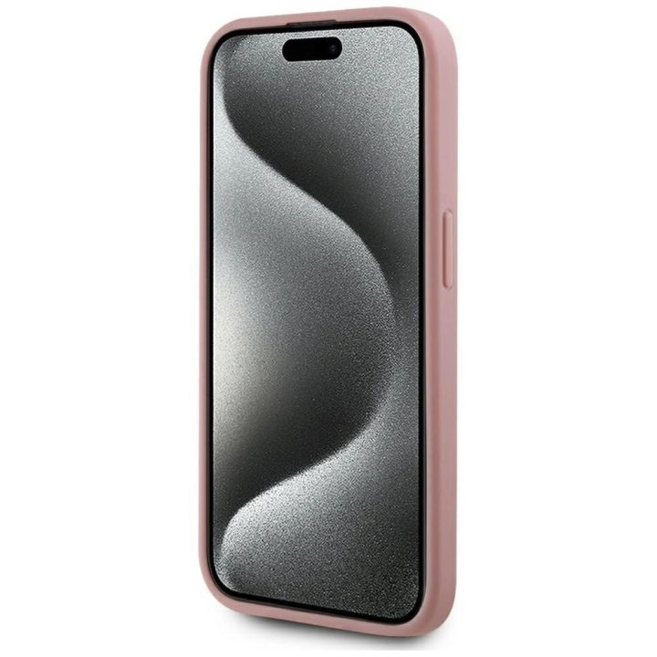 Rožinis silikoninis iPhone 15 Pro dėklas su metaliniu logotipu Karl Lagerfeld