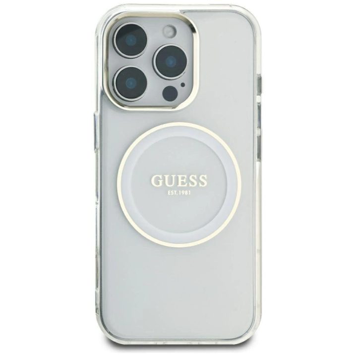 iPhone 16 Pro Max baltas MagSafe dėklas su logotipu Guess