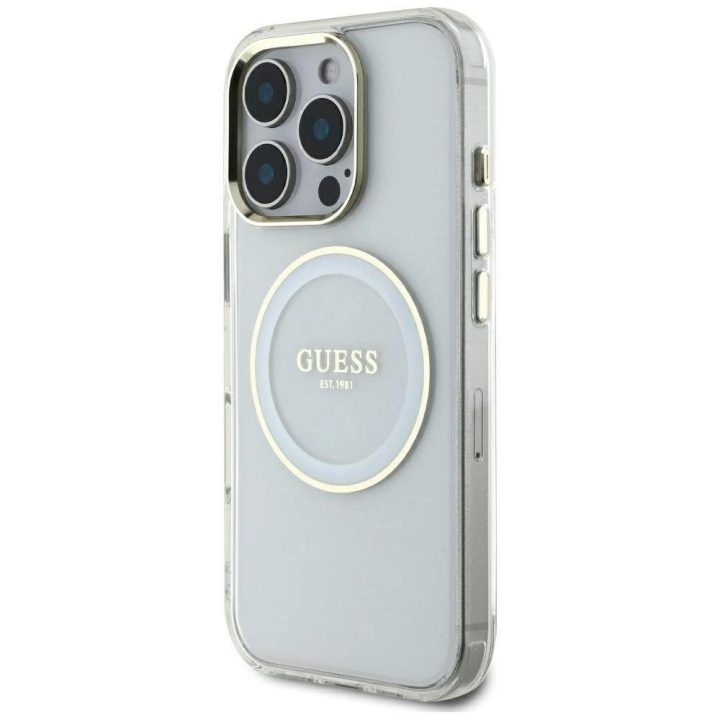 iPhone 16 Pro Max baltas MagSafe dėklas su logotipu Guess